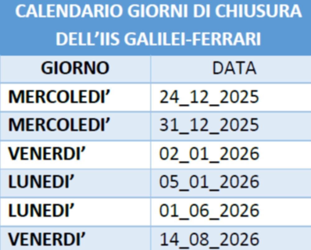 calendario giorni di chiusura
