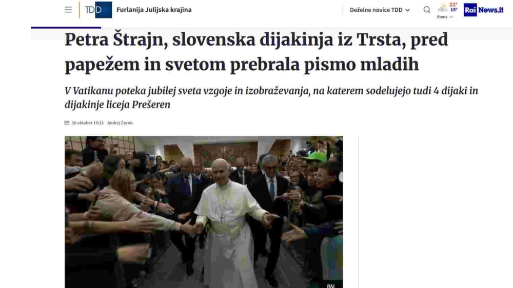Dijakinja Petra Štrajn prebrala pismu papežu