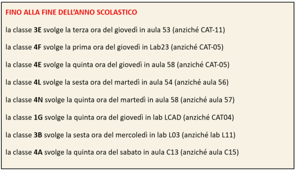 Variazioni d'aula fino a fine anno scolastico