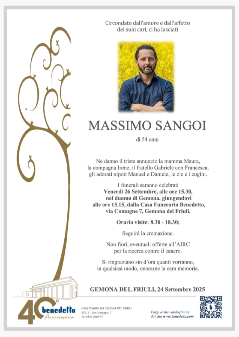 Necrologio Massimo Sangoi