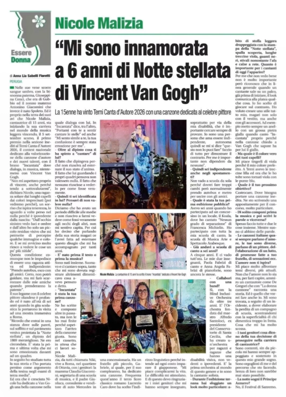 Nicole Malizia vincitrice Terni 2026 articolo