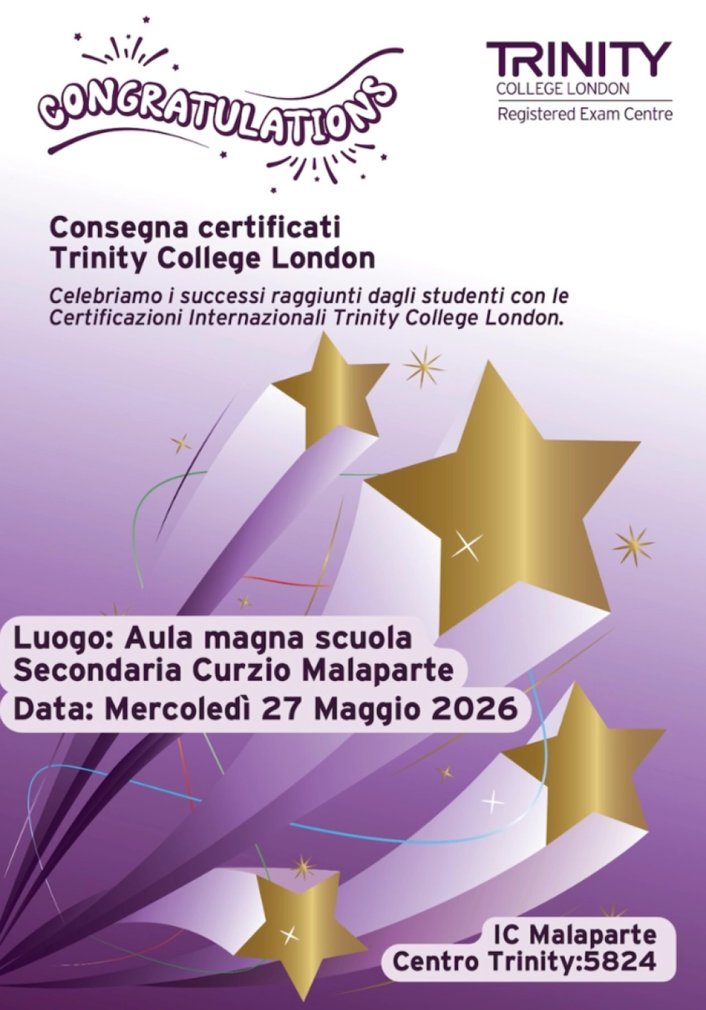 Locandina consegna certificati Trinity 2026