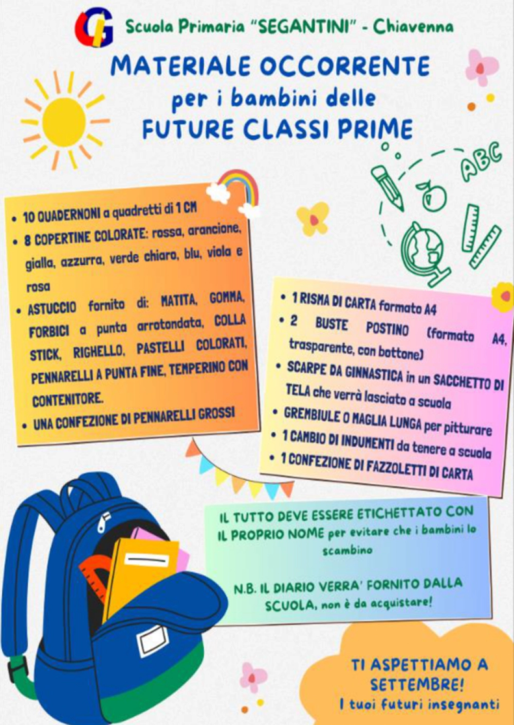 Materiale classi prime primaria Bette 2025 26